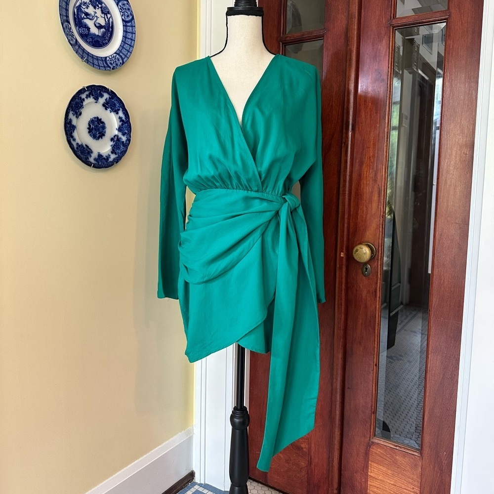 L'Academie Emerald Green Long-Sleeve Mini Wrap Dress - Picture 2 of 6